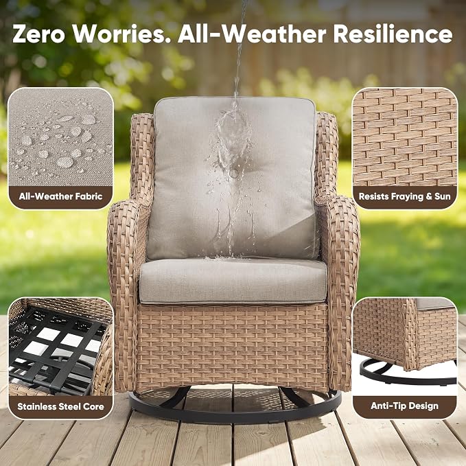 Belord Outdoor Swivel Chairs Set of 2,Patio Wicker Rocker Chairs with Ottomans, All Weather Patio Conversation Furniture Set, Ideal for Porch Balcony Deck Yard, Yellow Wicker/Beige