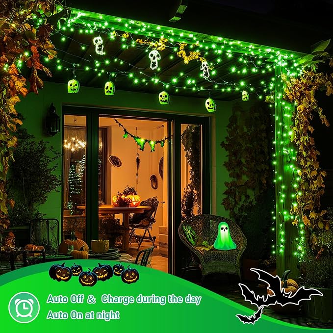 JMEXSUSS 4 Pack Solar Fairy Lights, 100 LED 33FT Green Halloween Lights | Outdoor Waterproof, 8 Modes Copper Wire Solar String Lights for Patio Garden Yard Tree Christmas Halloween Decorations