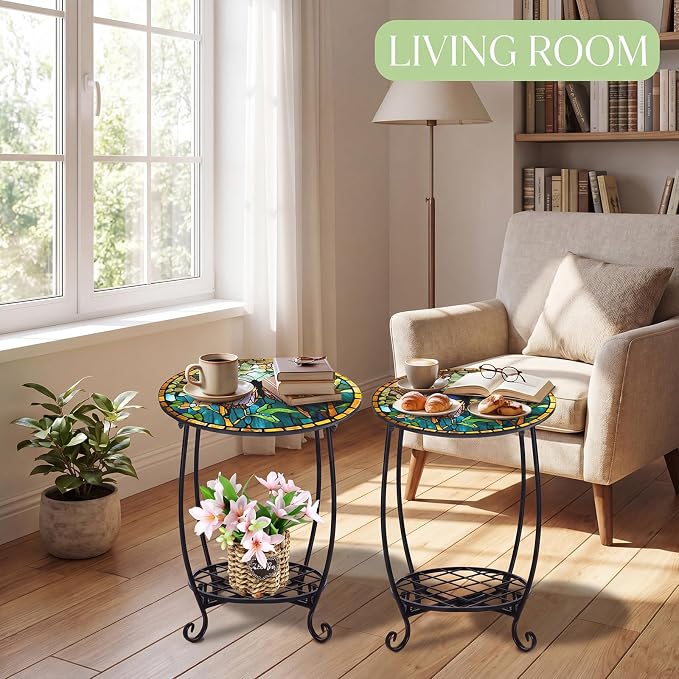 Cinnvoice 2 Pcs Outdoor Side Table Small Patio Round Mosaic Accent End Table Indoor Plant Metal Coffee Tea Tables for Patio Yard Porch Garden Living Room(10" and 12",Butterfly Style)