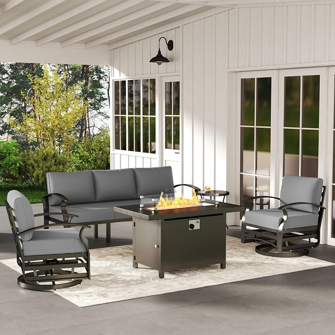 ALAULM Aluminum Patio Furniture Set with Propane Fire Pit Table 5-seat Metal Outdoor Furniture w/Fire Pit Patio Sectional Sofas w/5.1" Cushions for Patio, Backyard, Poolside-Grey