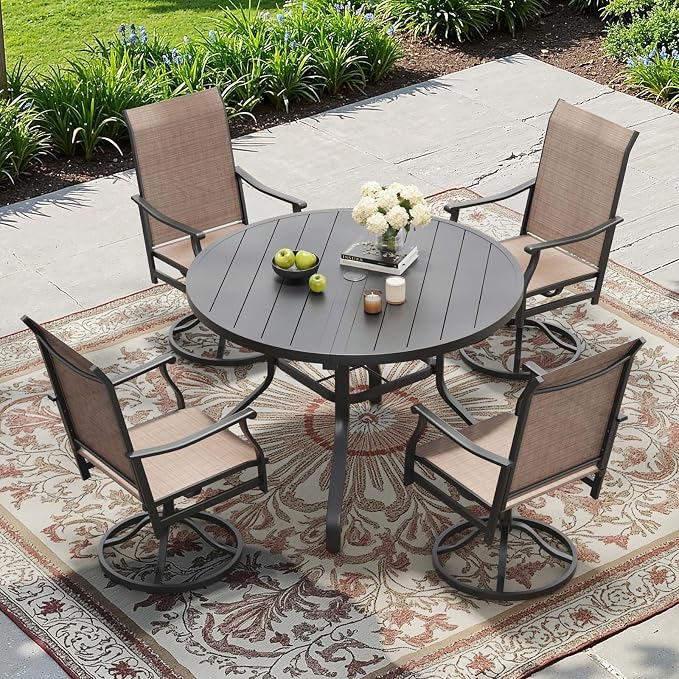 HRVEOCEI 47" Outdoor Round Table with Umbrella Hole, Metal Patio Dining Tables for Lawn Garden, Wood-Like Grain Bistro Table Outdoor for Backyard,Poolside,Deck,Por (Dark Black, Round)