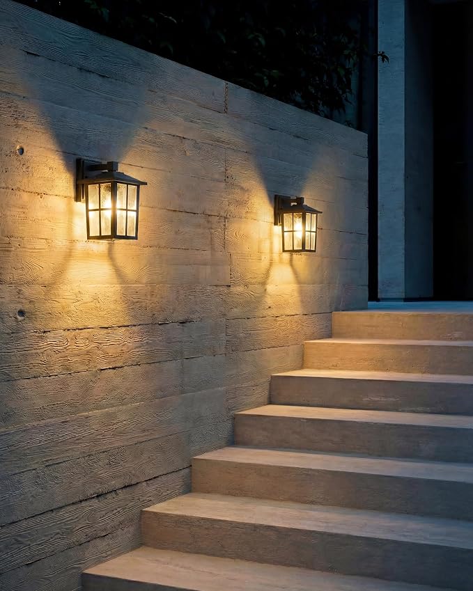 KDG Black Outdoor Waterproof Modern Patio Wall Light Fixtures Set of 2 | E26 Socket Exterior Lanterns & Sconce with Tempered Glass, Wall Mounted Lamps for Home, Front Door, Garden, Garage, Porch