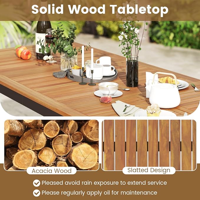 Tangkula 79" Acacia Wood Outdoor Dining Table for 8, Patio Table with Umbrella Hole, Metal Legs & Adjustable Foot Pads, Rectangular 8-Person Outside Table for Garden, Poolside & Backyard