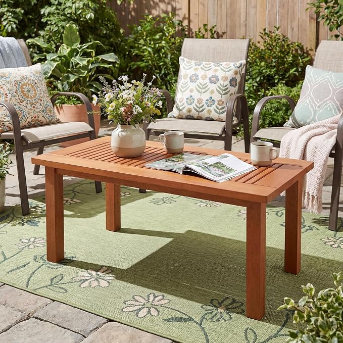 Tangkula 35.5 Inch Outdoor Coffee Table, Modern Rectangular Patio Table with Slatted Top, Teak Oil Finish, Solid Wood Coffee Table for Deck, Garden, Backyard, Indoor & Outdoor Use