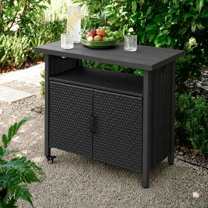 Outdoor Bar Table with Storage Cabinet, Patio Serving Cart with Wheels, Wicker Bar Cart and Grill Cart Prep Station, Rolling Kitchen Island for Patio, Backyard, Poolside, Outdoor Use, Black