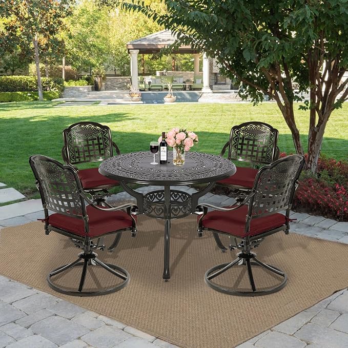 MEETWARM 5-Piece Outdoor Patio Dining Set, All-Weather Cast Aluminum Patio Conversation Set with 4 Cushions Swivel Rocker Chairs for Backyard Garden Deck and 38.5" Round Table, Chili Red