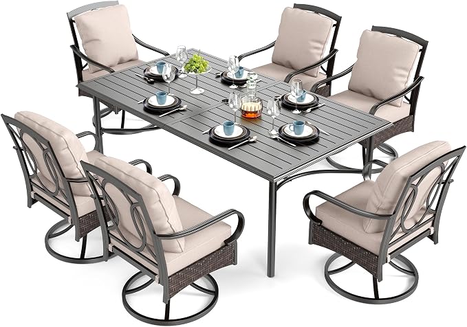 SUNSHINE VALLEY 7 Piece Patio Dining Sets for 6, Outdoor Table and Chairs with Cushioned Wicker Swivel Patio Chairs & Black Dining Table (1.57-1.9”Umbrella Hole), Outdoor Dining Sets for Lawn Backyard