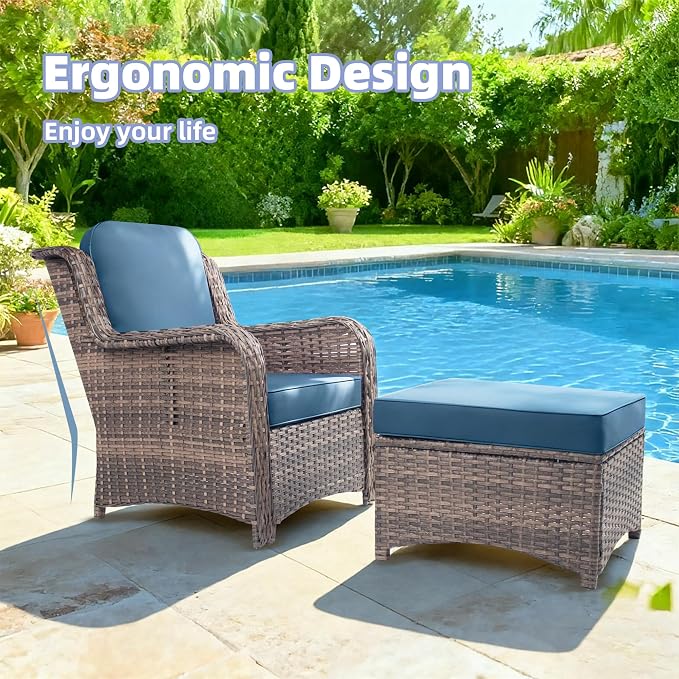 2 Pieces Patio Wicker Furniture Set, High Back Wicker Single Patio Chair Set with Ottoman, Outdoor Porch Chair with Thick Cushion for Balcony Deck Yard and Porch, Peacock Blue