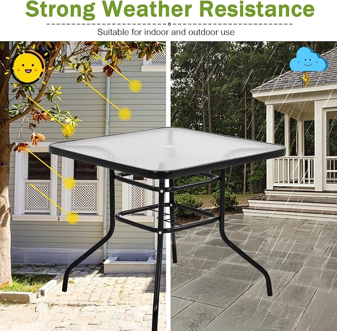 BLKMTY Outdoor Patio Table Bistro Metal Steel Frame Square Table Balcony Conversation Coffee Tables with Umbrella Hole Outside Garden Dining Tables with Tempered Glass Top, Black