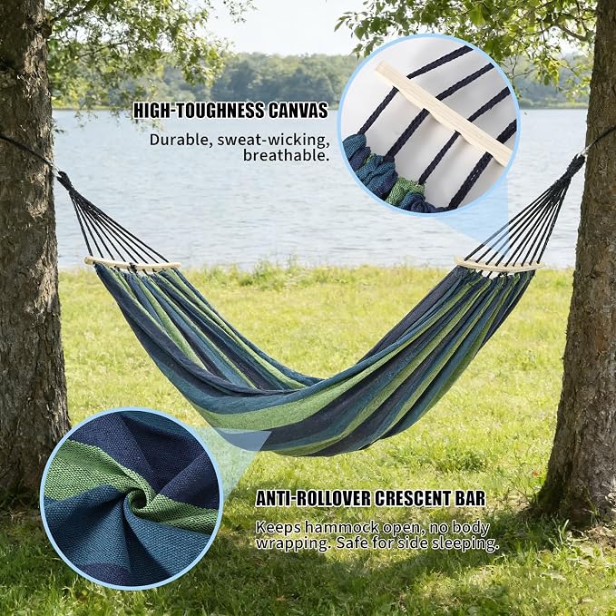 Canvas & Wood Hammock, Blue-Green Striped, 129.9x59.1 Inches, Extra Large Double Hammock, 500 LBS Weight Capacity, Portable with Storage Bag & 2x9.8ft Tree Ropes, Includes Installation Manual, for Out