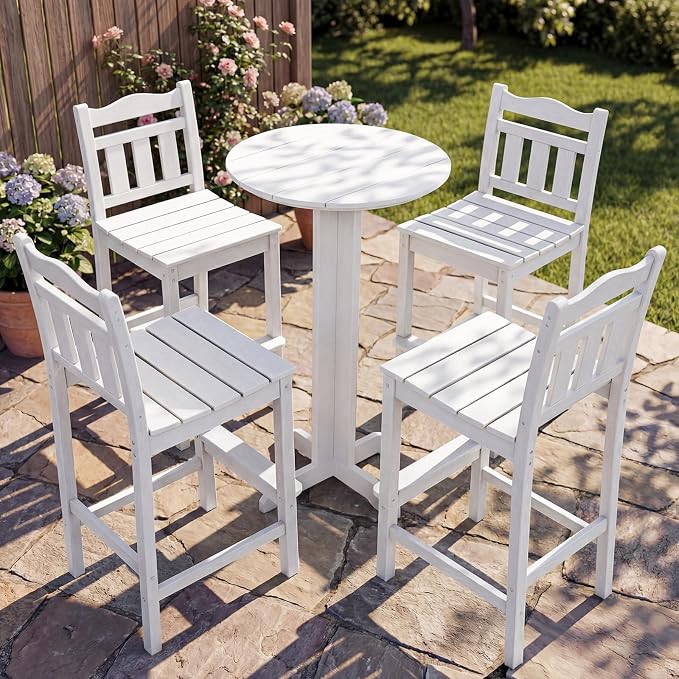 Outdoor Bar Stools Set of 4, HDPE Adirondack Bar Chairs with Backs, All-Weather High Top Patio Chairs, Heavy Duty Armless Bar Height Chair for Balcony, Garden, Deck (White, 4pcs Set)