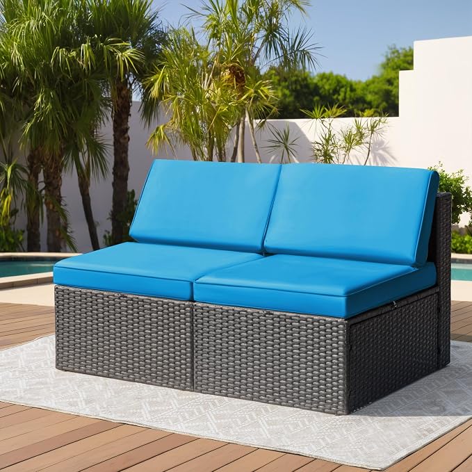 Greesum 2 Piece Patio Conversation Set Wicker Rattan Furniture Outdoor Sofa with Cushions,Pillows for Porch,Lawn and Yard, Blue