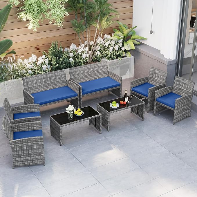 RELAX4LIFE 8-Piece Patio Furniture Set - Wicker Rattan Outdoor Sectional Sofa Set w/Glass Coffee Table, Loveseat, 2 Chairs & Soft Cushions, Bistro Conversation for Garden Porch (2, Grey-Navy)