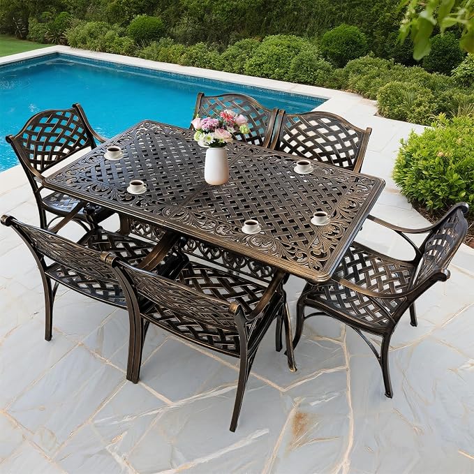 Patio Dinning Set Weather Resistant Cast Aluminum Patio Furniture Set with Umbrella Hole, Bistro Dining Set for Garden (59" x 28" Table C and 6 Chairs Bronze, 7 Pieces)