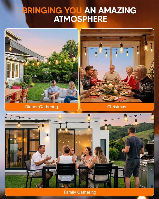 25FT S14 Outdoor String Lights, 15+2 Shatterproof Bulbs 2W, 1.5FT Spacing IP65 Waterproof| Dimmable with Remote, Heavy-Duty, Include Screw & Zip Ties for Patio Backyard Holiday Outside