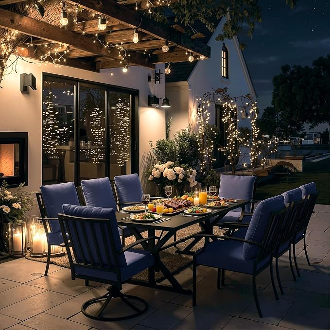 ALAULM 9-Piece Patio Dining Set,Outdoor Metal Dining Set with 2 Swivel Chairs & Rectangle Table with 1.5 Umbrella Hole, Patio Dining Table and Chairs for Backyard,Navy