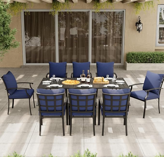HAPPATIO 9-Piece Patio Dining Set, Outdoor Dining Set with Powder-Coated Metal,Dining Table with Umbrella Hole, 8 Stackable Chairs with Removable Cushions for Porch Poolside Garden,Navy Blue