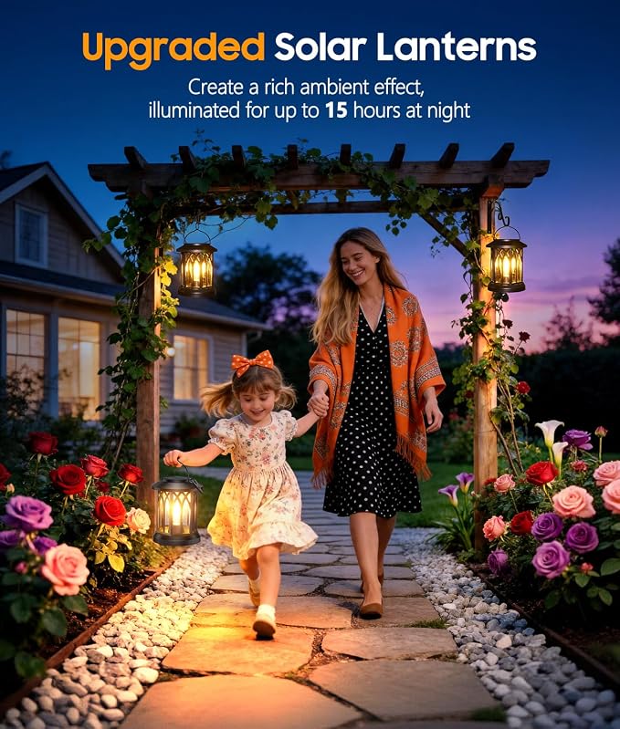 Solar Lanterns Outdoor Waterproof 4 Pack, Upgraded Solar Lantern Outdoor Lights with Wall Mount Kit, Hanging Solar Lights for Outside Decorative Patio Yard Path Porch Garden Decor