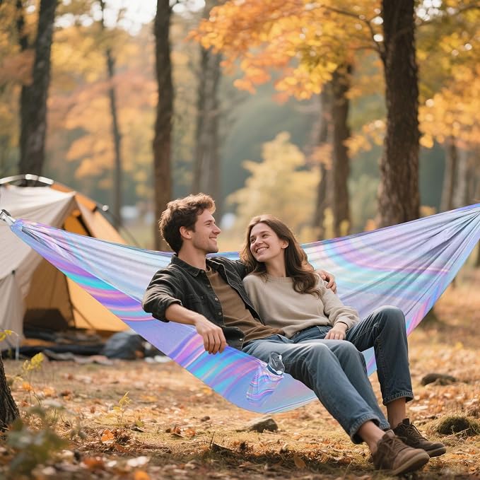 Iridescent Holographic Glitter Wallpaper Outdoor Hammock with Portabl Carry Bag Swing Hammock for Camping Travel Accessories