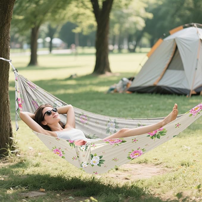 Camping Hammock Outdoor Hammocks for Outside Vintage Peony Flower Beach Trees Portable Lightweight with Pockets Tree Straps Indoor Small