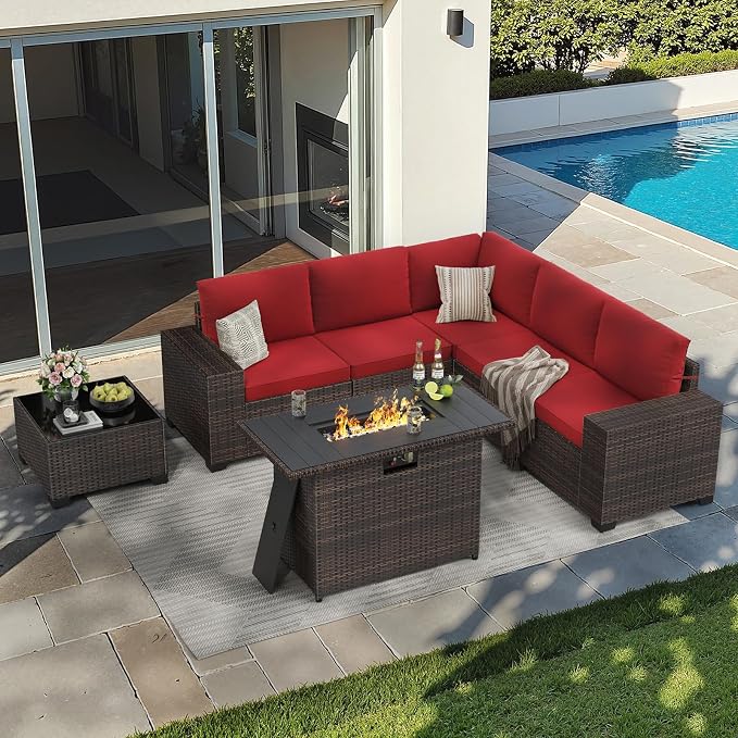 Soohow 7-Piece Patio Furniture Set with 44" Fire Pit Table, Outdoor Sectional Wicker Rattan Conversation Set for Garden, Porch, Backyard - Wine Cushions