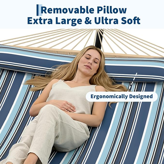 TrailBlaze Comfortable 2 Person Quilted Hammock with Hardwood Spreader Bars & Pillow – 450lbs Capacity – Ideal for Patio, Backyard, or Poolside – Double Outdoor Hammock – Dark and Light Blue Stripes