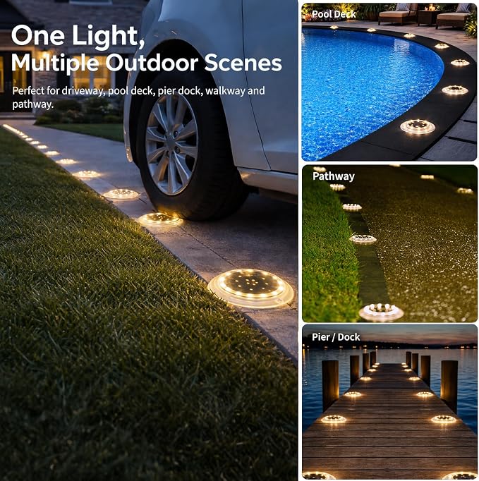 Solar Dock Lights, Deck LED Disc, Warm White, 2 Pack | Outdoor Waterproof, Flat Low Profile, Driveway, Ground, Anti-Slip & Anti-Trip, Soft Anti-Glare