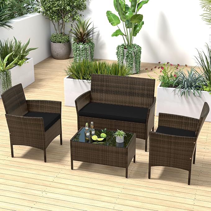 4 Piece Patio Furniture Set, Sectional Conversation Sofa Set with Glass Coffee Table, Cushions & Loveseat, Wicker Outdoor Table and Chairs for Pool, Garden, Deck, Backyard (1, Black)