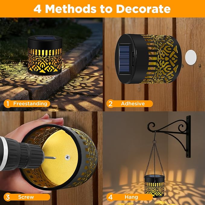 2 Pack Solar Fence Lights Outdoor, Metal Solar Powered Wall Deck Step Light | Mandala Theme, Hanging LED Waterproof Decorative Lighting for Garden Patio Backyard Post Decor, Warm White