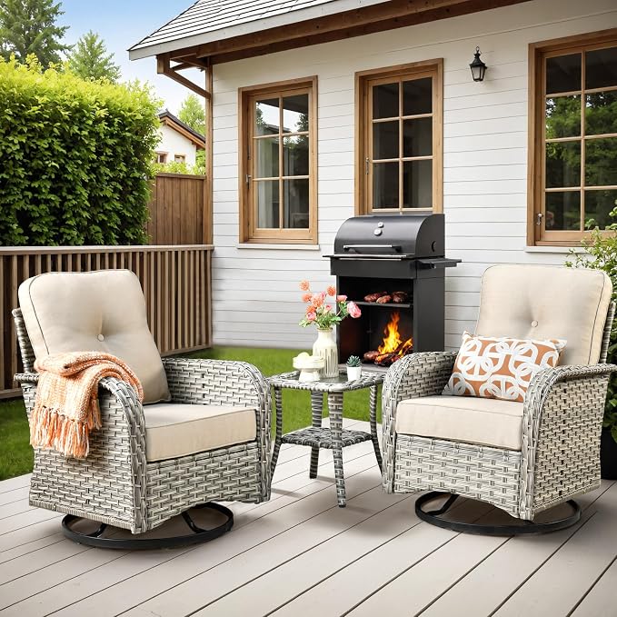 Outdoor Swivel Rocker Patio Chairs, Wicker Glider Swivel Rocking Chair Set of 2, All-Weather Rattan Bistro Set with Coffee Table for Deck Porch Balcony Poolside, Begie