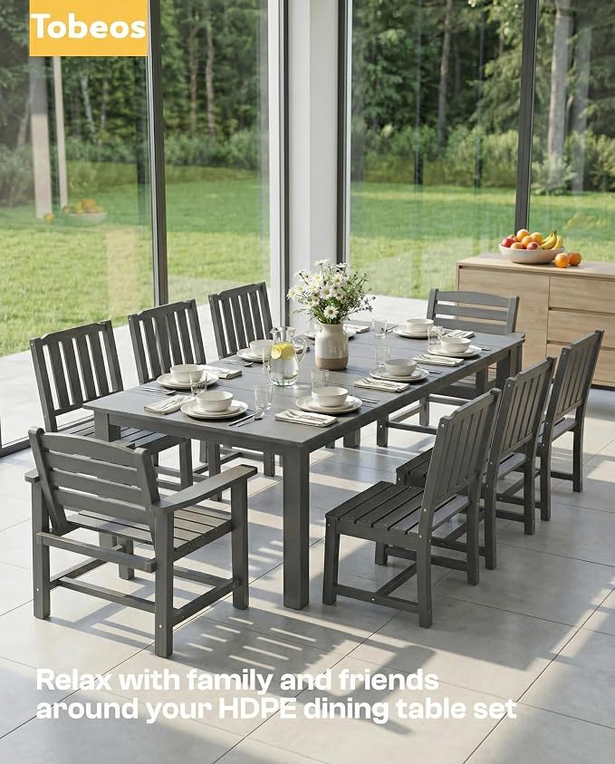 9-Piece Outdoor Dining Set with Aluminum Frame for 8,Gray | HDPE material, 2" umbrella hole, patio table and chairs, ideal for yard, lawn, garden, balcony, deck, poolside
