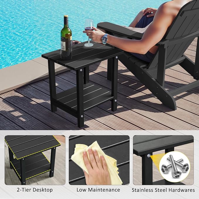 Adirondack Outdoor Side Table, 16.6" Small Patio End Table, 2-Tier HDPE Plastic Table for Poolside Porch Garden, Weather Resistant & Easy Assembly (Black, Rectangle)