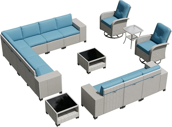 15-Piece Outdoor Patio Furniture Set, Modular Sectional Sofa Set with Swivel Rocker Chairs, Wicker Outdoor Couch Conversation Sets w/Coffee Table and Cushions, Turquoise