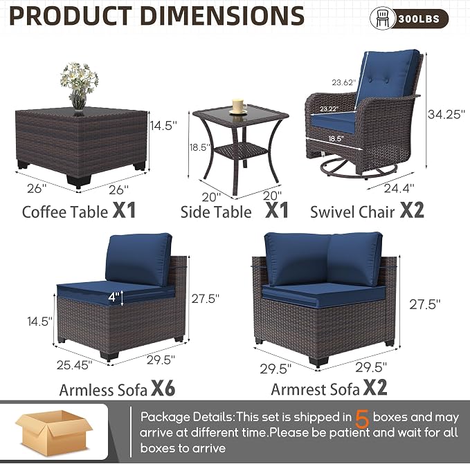 Patio Furniture Set 12 Pieces Outdoor Sectional Sofa Set,All Weather Wicker Patio Swivel Rocking Chairs Sofa PE Rattan Patio Conversation Set w/Cushions and Glass Coffee Table,Navyblue