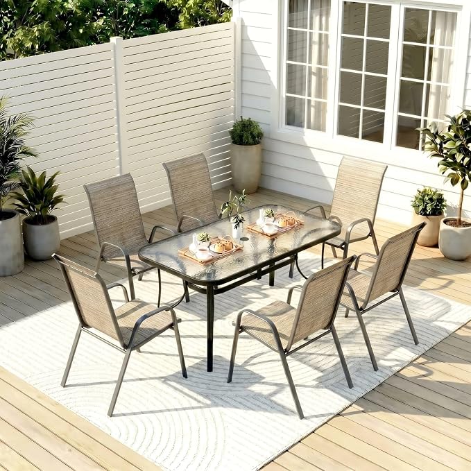 TLSUNNY Patio Dining Set for 6, Outdoor Table and Chairs W/1.69″ Umbrella Hole, 30"X 55" Table and Stackable Textilene Chair, All Weather Patio Furniture Set (Black Table & Brown Chair)