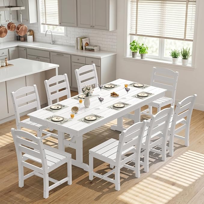 KINGYES Outdoor Dining Table,84 inch HDPE Rectangular Patio Table with Umbrella Hole,Waterproof Patio Furniture for Backyard,White
