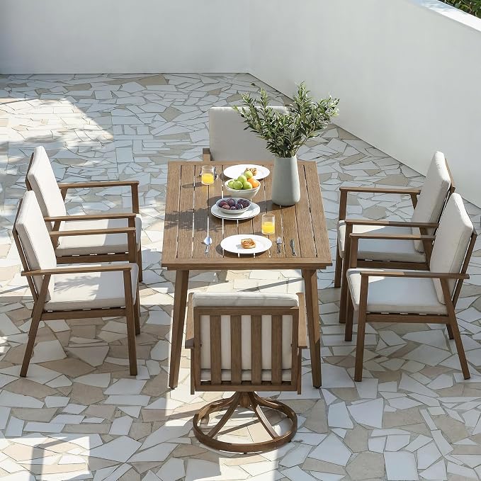 7 Pieces Patio Dining Set, Never-Rust Aluminum Outdoor Dining Table Set with Removable Cushions, Outdoor Furniture Set with 2 Swivel Chairs, 4 Dining Chairs for Deck Poolside, Backyard, Teak