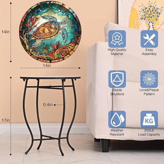 Metal Round Side Table, 14" Diameter Indoor Outdoor Side Table, Weather Resistant Patio Table for Porch Yard Balcony, Easy Assembly