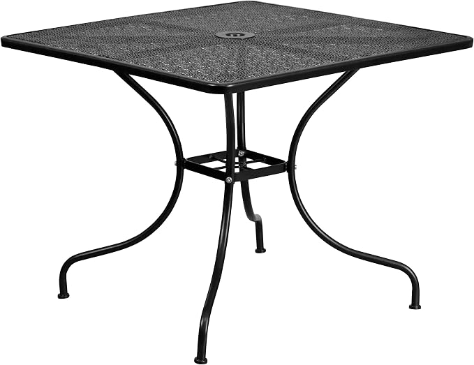 EMMA + OLIVER Commercial Grade 35.5" SQ Black Indoor-Outdoor Steel Patio Table-Umbrella Hole