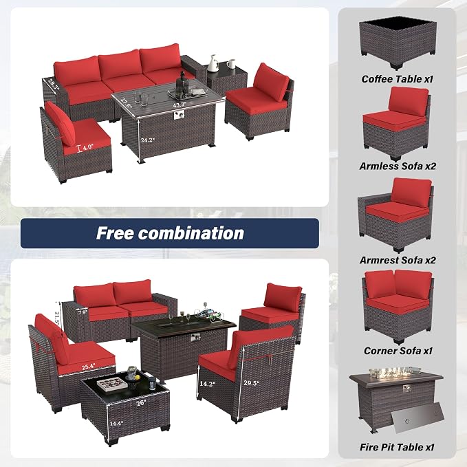 Kurapika 7 Pieces Patio Furniture Set, Rattan Outdoor Conversation Sets w/43in Propane Fire Pit Table and 4 Inch Cushion(Red)
