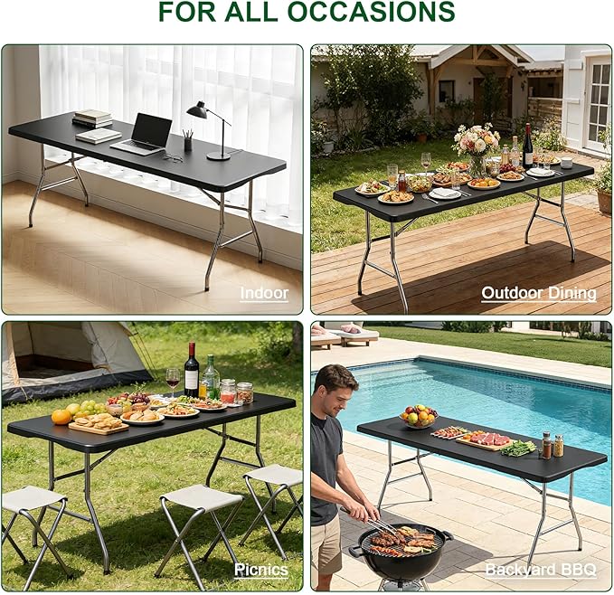 2 Pack 6FT Black Folding Table for Outdoor, 6 Foot Picnic Tables No Assembly Required Portable, Black Foldable Table for Camping, Parties, Meeting, Events, Wedding, with Carrying Handle