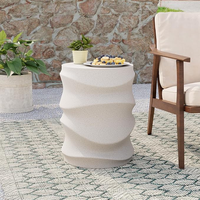COSIEST Set of 2 Outdoor Side Table, 2 Pieces Concrete Side Table for Patio, Streamlined Lightweight Accent Table, Decorative Patio Garden Stools, Plant Stand Drum Table, Round, Spotted White