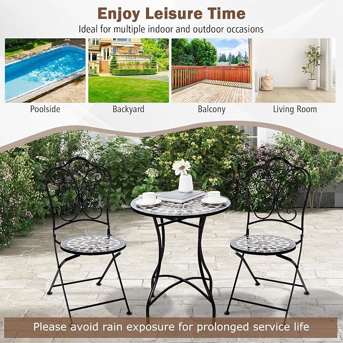 Giantex 24 Inch Patio Bistro Table, Mosaic Round Table w/Ceramic Tile Tabletop, Heavy-Duty Metal Structure, Outdoor Dining Table for Backyard, Garden, Porch (Black (Star Pattern))