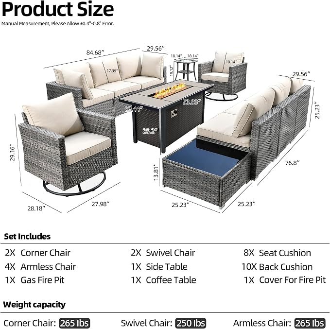 CAODOC 11 Piece Outdoor Patio Furniture Set with 53" Fire Pit Table, Wicker Sectional Conversation Set Whit Swivel Chairs,Modern Outside Sofa for Balcony Backyard(Beige)