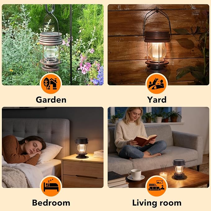 Solar Lanterns Outdoor Hanging Lights Patio Decor, Upgraded Dual Solar & USB Charging, Adjustable Light Sensor, Retro Decorative Table Lamp Waterproof, Indoor Outdoor Garden Patio Yard Decoration