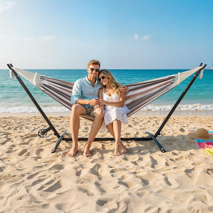ONCLOUD 550 LB Capacity Double Hammock with Stand – Portable Bag Included (Desert Strip w/Wheel)