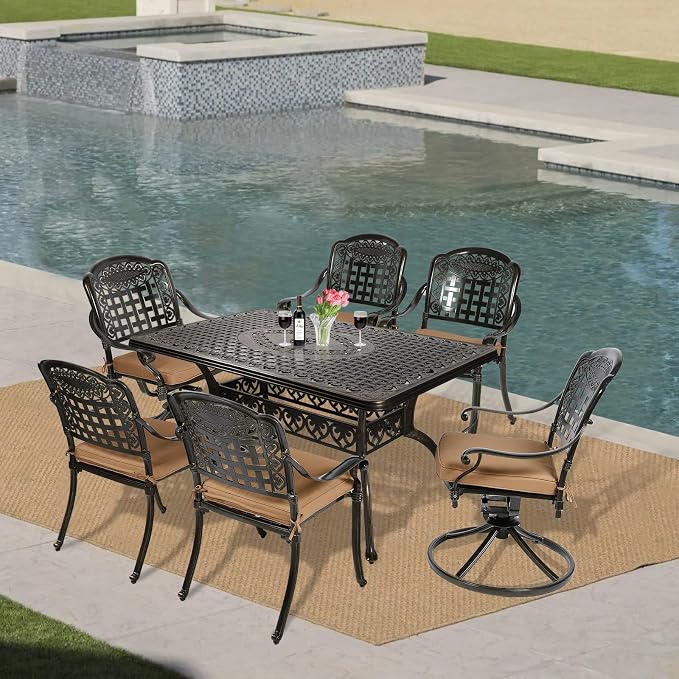 VIVIJASON 7-Piece Patio Furniture Dining Set, All-Weather Cast Aluminum Outdoor Conversation Set, Include 4 Stationary Chairs, 2 Swivel Dining Chairs and a Rectangle Table with 2" Umbrella Hole