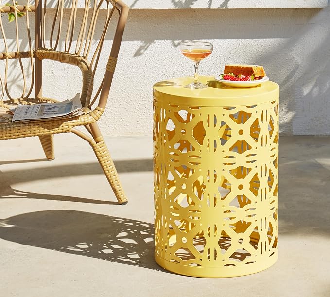 HFHOME Set of 3 Metal Outdoor Side Table, Round Coffee Table for Indoor Outdoor, Heavy Duty End Tables Plant Stand Garden Stool- Yellow