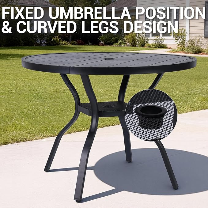 Outdoor Patio Dining Table for 4 People, 41" All-Weather Resistant Metal Round Table with Adjustable Umbrella Hole for Garden Backyard Porch Poolside, Black