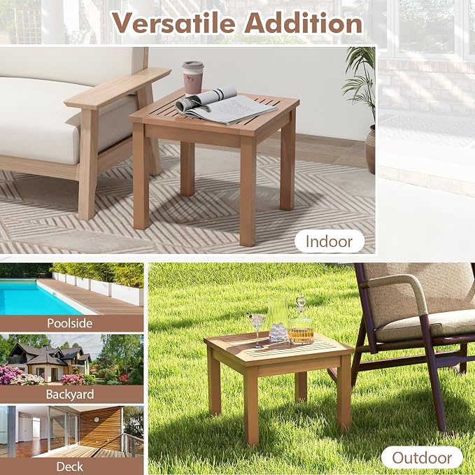HAPPYGRILL Outdoor Side Table Eucalyptus Wood Square End Table, Wood Patio Table with Slatted Tabletop for Backyard Poolside Porch